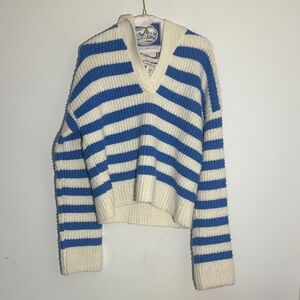 Sincerely Jules Striped V-Neck Sweater in Blue and Cream